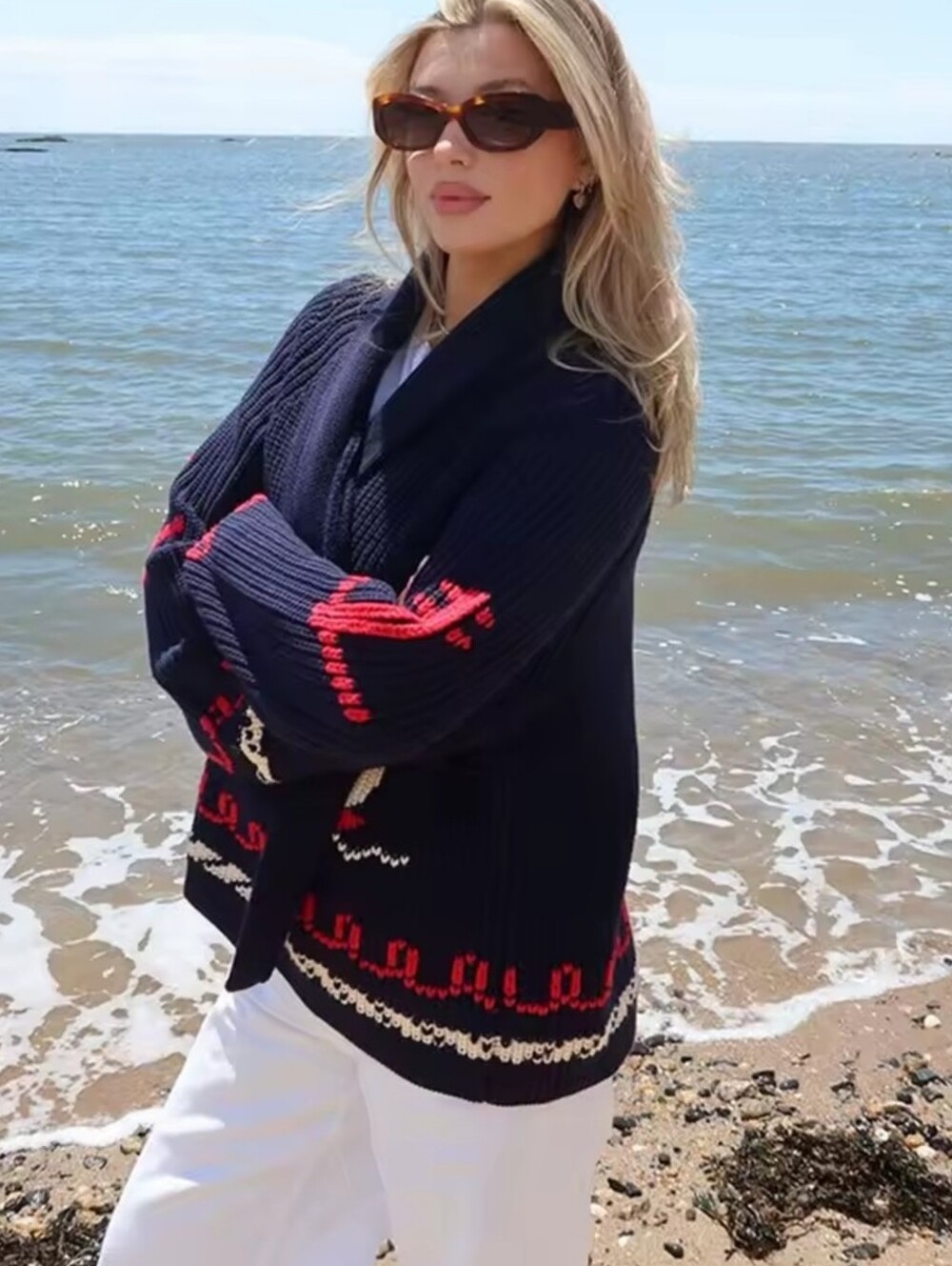 Navy Nautical Knit Sweater with Red & Cream Sailboat - Picture 3 of 3
